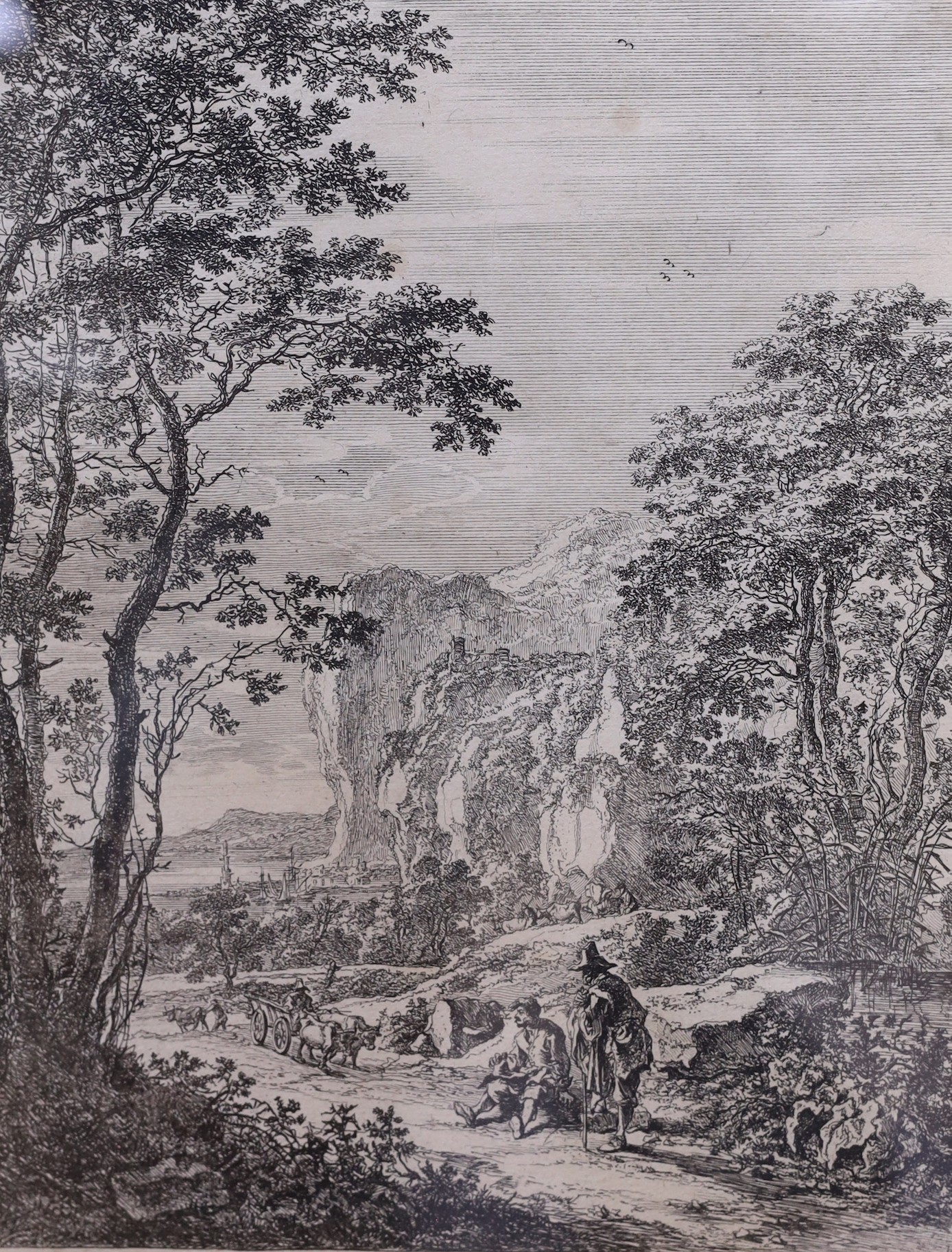 Jan Both (1610-1652), two engravings, Travellers in an Italianate landscape, 26 x 20cm and eleven other assorted engravings